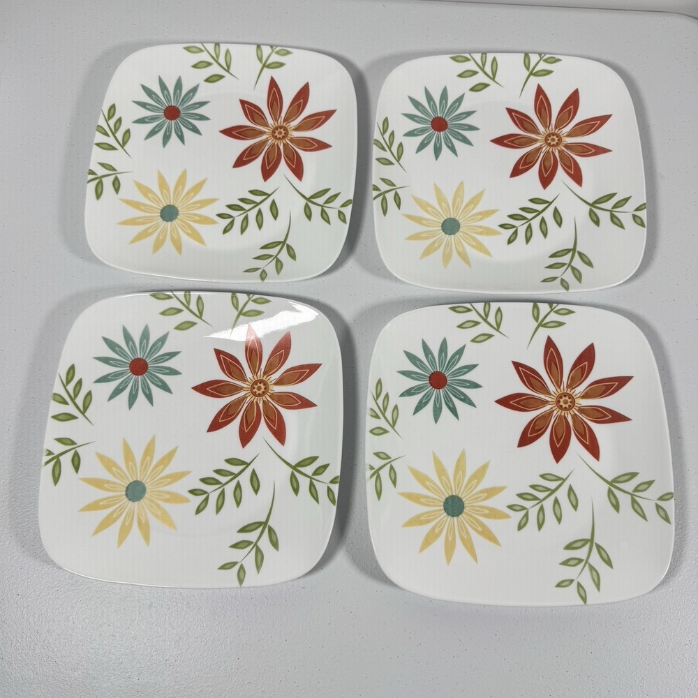Corelle Happy Days Floral Dinner Plates Set of 4 White USA Vitrelle glass‎